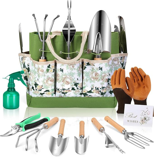 Gardening Tools Set of 10, Heavy Duty Stainless Steel Garden Hand Tools with Floral Tote Bag, Rust-Proof Garden Tools for Gardening, Gardening Gifts for Women, Men and Plant Lover