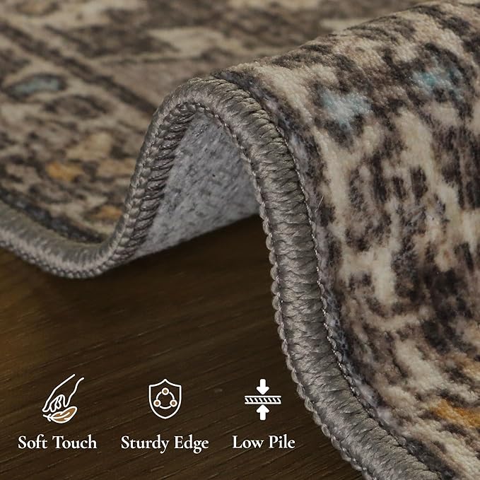 GENIMO 8x10 Area Rugs for Living Room, Machine Washable Non Slip Vintage Rugs, Low Pile Lightweight Chenille Print Rug for Bedroom, Dining Room, Home Office, Charcoal Tan