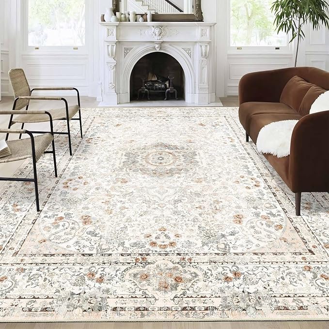 9x12 Area Rugs Washable,Boho Rug for Living Room Bedroom Dining Room,Large Vintage Bohemian Distressed Carpet Non Slip,Beige