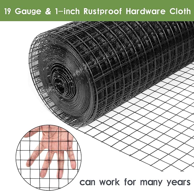 Tongmo 24" x 100' Black Hardware Cloth, 1inch Mesh Chicken Wire Fence, 19 Gauge Vinyl Coated Wire and Welded Wire Roll,Garden Fence, Poultry Netting for Rabbit/Duck/Chicken Coop