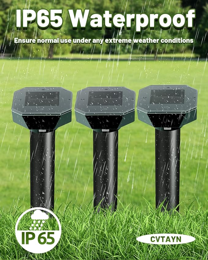 Snake & Mole & Rabbit & Skunk Repellent Solar Powered, Upgraded Ultrasonic Deterrent, IP65 Waterproof, Gopher Groundhog Chipmunk Raccoon and Vole Repellent & Deterrent for Lawn & Garden, 4 Pack