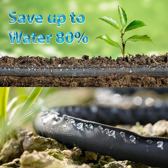 Flat Soaker Hoses 50 ft Save 70% Water, Leakproof Design Double Layer Drip Sprinkler Hose for Garden Bed