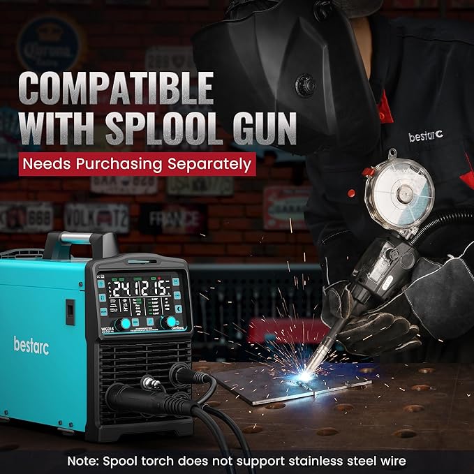 bestarc 215Amp MIG Welder, 110V 220V Gas MIG/Flux Core MIG/Stick/Lift TIG/Spool Gun/Spot Welding 6 IN 1 Aluminum Welding Machine, IGBT Multiprocess bestarc Welder with Synergy, Spool Gun Compatible