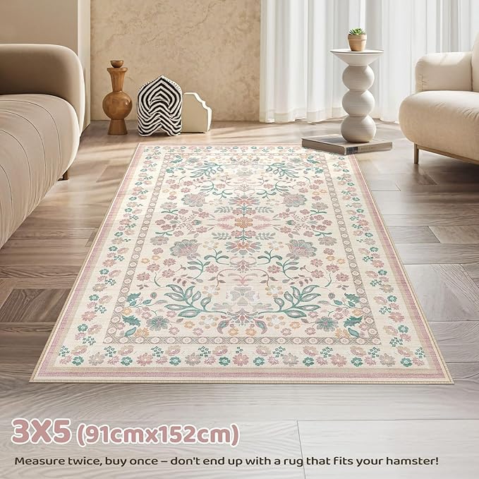 3x5 Area Rug Living Room Rugs - Washable Boho Vintage Floral Large Soft Non Slip Thin Rug Low Pile Carpet for Bedroom Dining Room Kids Playroom Office Decor Indoor- Pink