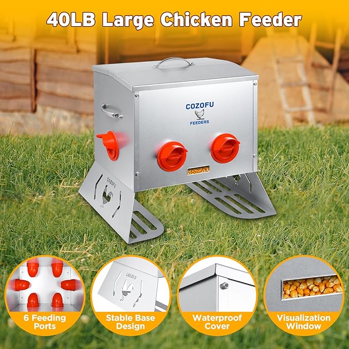 40 Pounds Automatic Chicken Feeder 6 Ports Large Gravity Fed Chicken Feeder with Transparent Window & Handle for Chickens Bantams Pheasants Poultry Coop Weatherproof