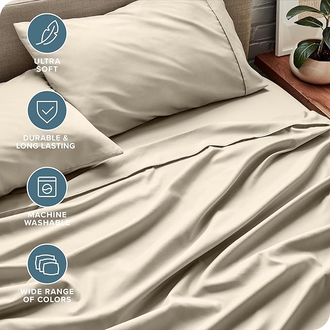 Bare Home Queen Sheet Set - Luxury 1800 Ultra-Soft Microfiber Bed Sheets - Double Brushed - Deep Pockets - Easy Fit - 4 Piece Set - Bedding Sheets & Pillowcases (Queen, Sand)