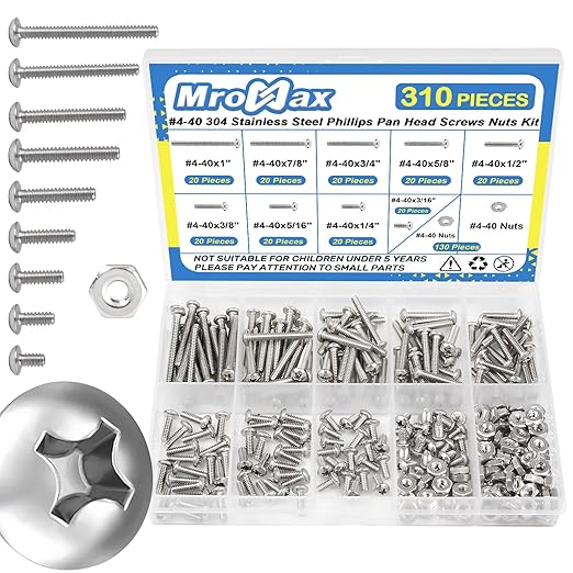 310Pcs #4-40 Phillips Pan Head Machine Screws Assortment Kit 304 Stainless Steel Assorted Nuts and Bolts Fully Machine Thread(#4-40x3/16, 1/4", 5/16", 3/8", 1/2", 5/8", 3/4", 7/8", 1")