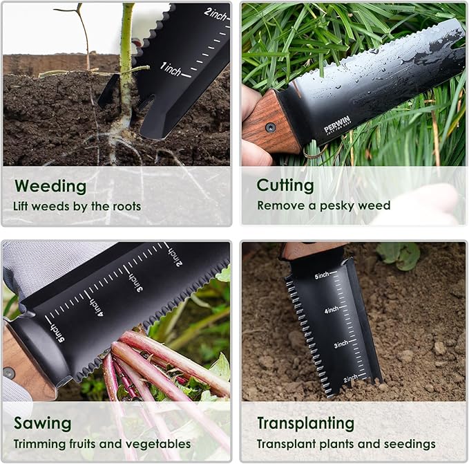 Hori Hori Garden Knife, Garden Tools with Sheath, 6" Stainless Steel Blade with Cutting Edge, Full-Tang Walnut Ergonomic Wood Handle with Hanging Hole, Weeding, Planting, Digging