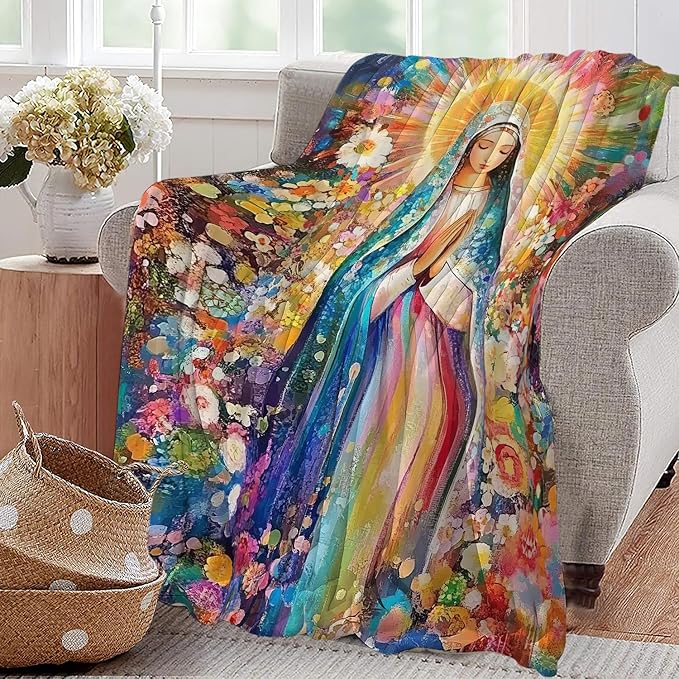 Virgin Mary Blanket Catholic Christian Throw Blankets Religious Gifts for Women Men Faith Prayer Soft Cozy Fleece Plush for Couch Sofa Bed 80"x60"