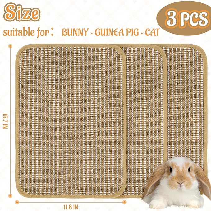 Rabbit Scratching Pad, Sisal Scratching Pad for Bunny, Guinea Pig, Cat. Resting Mats for Cages, Forage Grass Mat Indoor Essentials Accessories (3PCS)