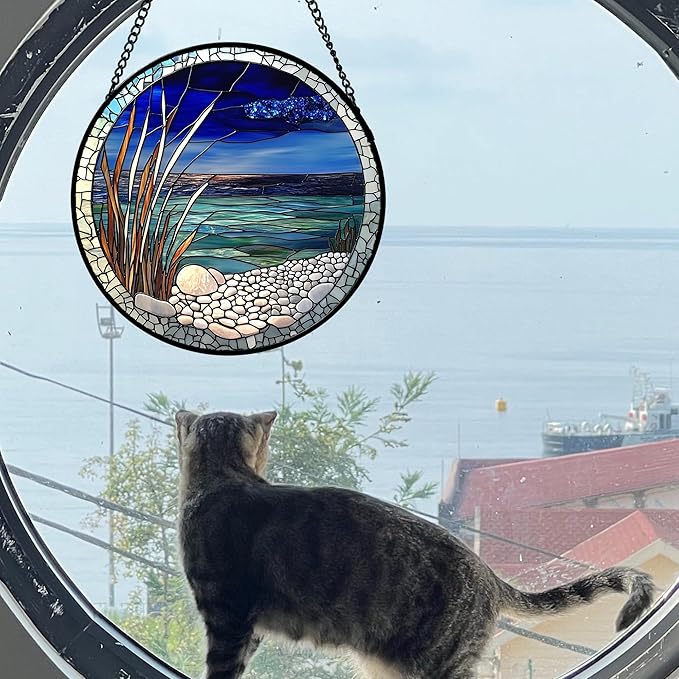 Stained Glass Window Hanging 4 Pcs Set Navy Blue Ocean Landscape 6.3" - Suncatcher Door Garden Sun Catcher Decor Birthday Mother's Day for Mom Woman Nana Girl Boy Friend