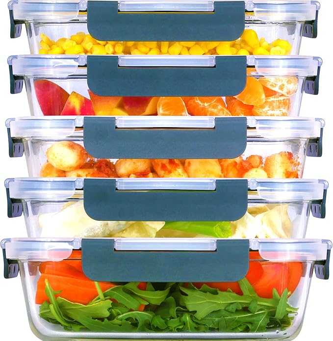 Brieftons Glass Meal Prep Containers: 5 Pack, 35 Oz with Airtight, Leakproof Snap Locking Lids, Perfect for Food Storage, Lunch & Portion Control, BPA-Free, Microwave, Oven, Freezer & Dishwasher Safe