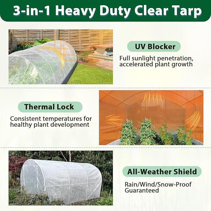 ANGAR 16 Mil Heavy Duty Clear Greenhouse Tarp, 10x10FT Waterproof Clear Tarps with Grommets, UV Resistant Greenhouse Replacement Poly Cover, for Gardening, Farming, Chicken Coops, Canopy,Outdoor