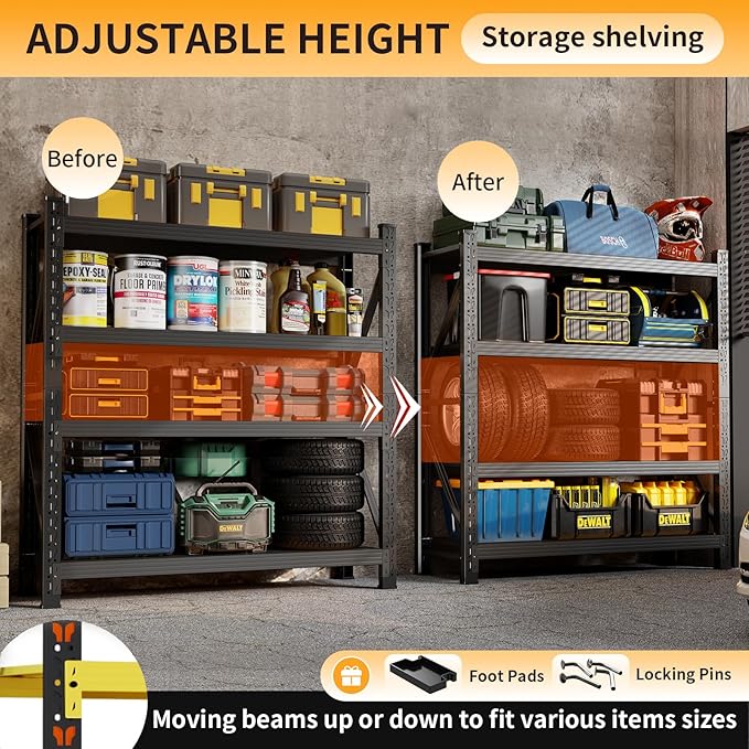 4800LBS Heavy Duty Shelving Units, 4 Tier Adjustable Metal Utility Shelf, 78.7" H Garage Storage Shelves Organization Rack for Industrial, Warehouse, Basement (Black, 23.6" D×59" W×78.7" H)