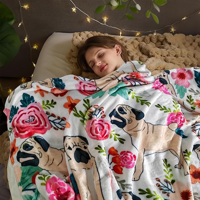 Cute Pug Blanket for Women Girls Kids Adults 40" x 50", Dog Flannel Throw for Sofa Couch Bed Living Room, Gifts for Animal Lovers