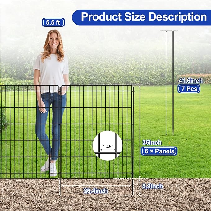 INJOPEXI Garden Fence Outdoor 6 Panels 13ft (L)×36in (H) Decorative Garden Fences with 6 Panels Rustproof Wire No Dig Metal Animal Barrier Dog Rabbit Fencing for Yard Lawn Patio - Without Fence Gate