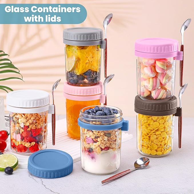 6 Pack Overnight Oats Containers with Lid and Spoons - 16oz Glass Mason Jars - Meal Prep Containers for Yogurt, Chia Pudding & Smoothies - Leakproof BPA-Free - Dishwasher