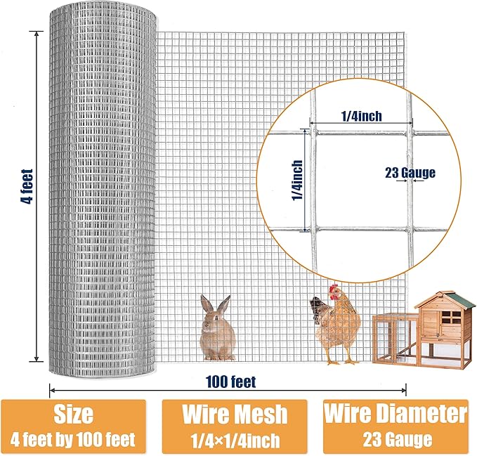 1/4inch 48Inch（H）x100Ft（L）23 Gauge Hardware Cloth Chicken Wire Fencing Hot-Dipped Galvanized Welded Chicken Wire Mesh Roll Metal Fence for Poultry Cage Home Improvement Projects