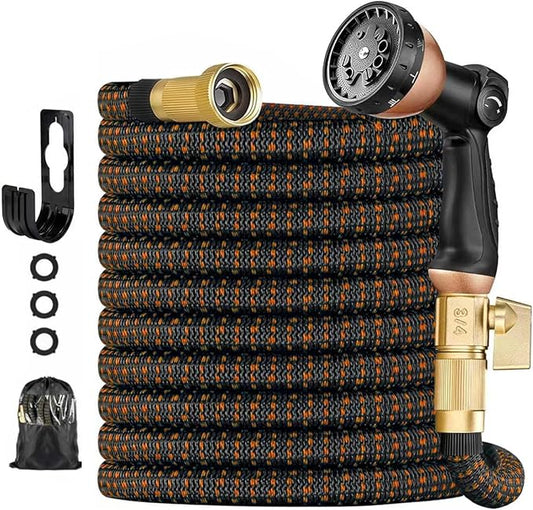 100 ft Expandable Garden Hose - Kink Free Flexible Water Hose with Thumb-Controlled 10-Function Nozzle, 3/4 Solid Brass Connectors, Retractable Latex Core - Lightweight Expanding Hose