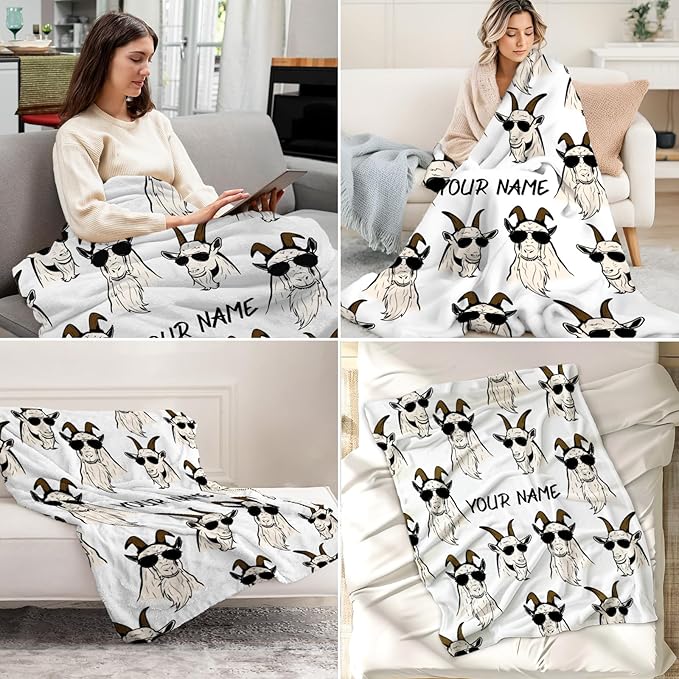 Custom Goat Blanket for Girls - 60x80 Inches Twin Size with Name - Soft Fuzzy Plush Throws Gift - White Funny Throw Blanket for Bed, Couch, Living Room