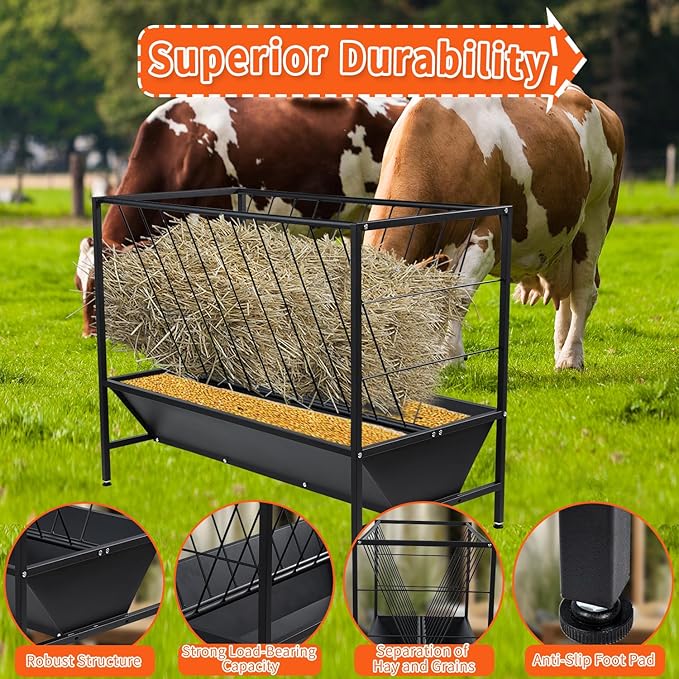 Yahpetes Pasture Hay Feeder 2 in 1 Goat Feeder 69 Gallon Capacity Livestock Rack 42.9''L X 20.5''W Hay Grain Livestock Feeder with V-Shaped Top Rack & Feed Pan for Sheep Farms Sheds