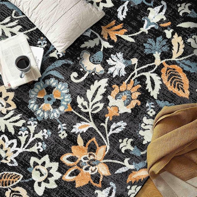 Rugshop Vine Floral Area Rug Modern for Living Room, Bedroom, or Entryway Black Multi 4' x 6' Black