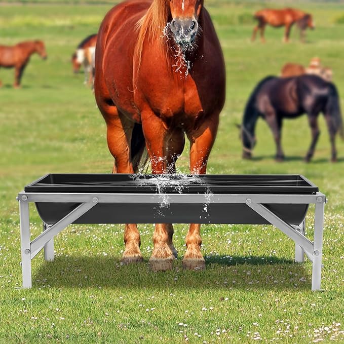 Livestock Feed Trough, 39 Inch Long Feeding Trough with Stand, 9.25 Gallon Capacity Heavy Duty Feeder, Feeding Tool for Goats Sheep Deer Pigs (Black)
