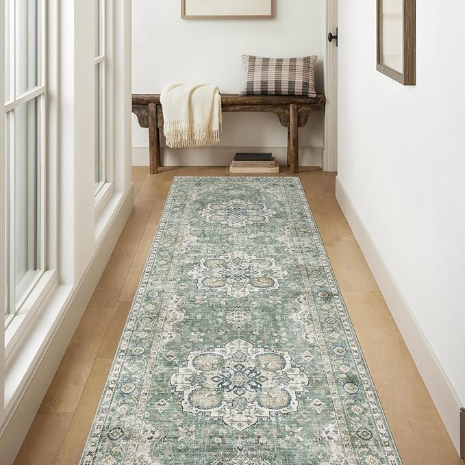 Kitchen Runner Rugs Non Skid Washable - 2.5x8ft Long Sage Green Farmhouse Boho Hallway Runner Rug Low Pile Soft Vintage Farmhouse Oriental Carpet for Hallway Laundry Room Entryway Bedroom