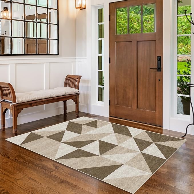 Washable 3x5 Modern Abstract Geometric Brown Area Rugs Non Slip Low Pile Indoor Floor Small Carpet for Living Room Bedroom Dinning Room Kitchen
