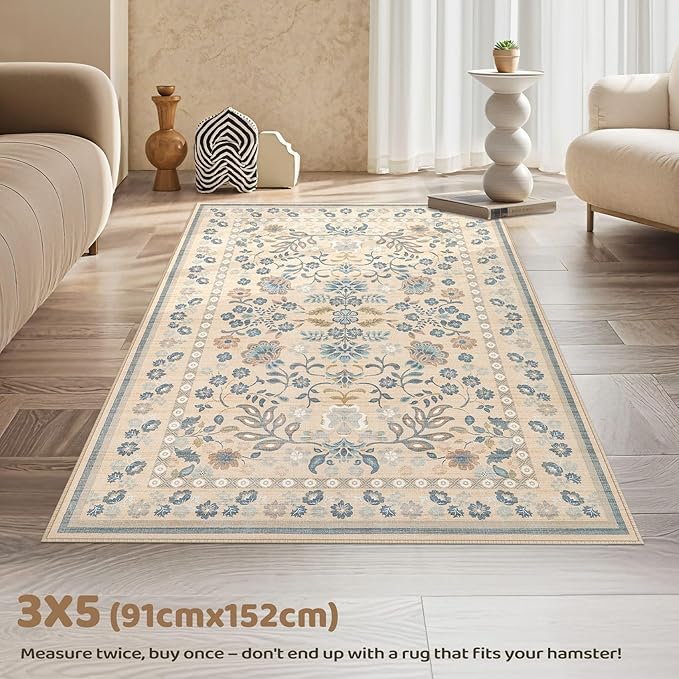3x5 Area Rug Living Room Rugs - Washable Boho Vintage Floral Large Soft Non Slip Thin Rug Low Pile Carpet for Bedroom Dining Room Kids Playroom Office Decor Indoor- Multi Color