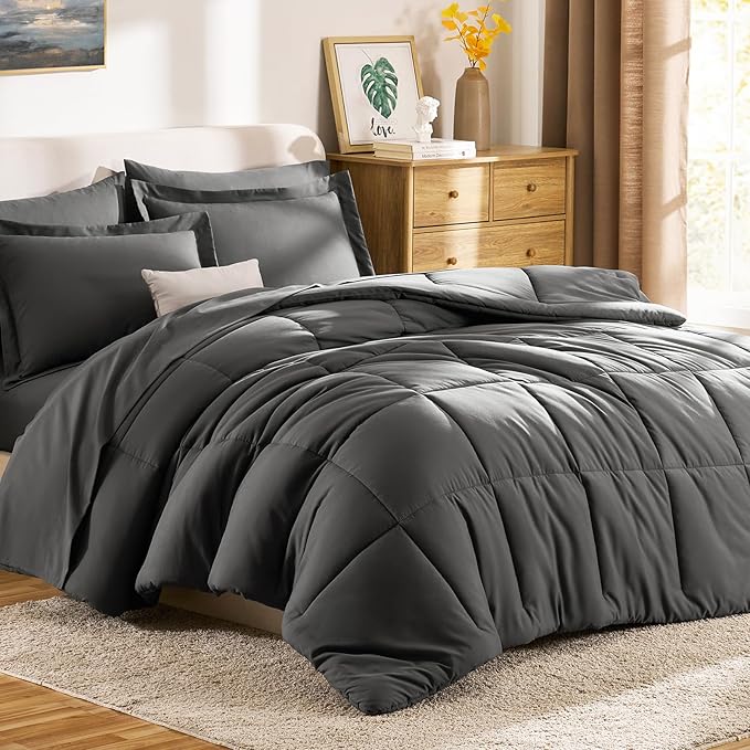 CozyLux King Size Comforter Set Dark Grey - 7 Pieces Bed in a Bag King, Okeo-Tex Certifited Bedding Set, All Season Soft Bed Set with Down Alternative Comforter, Sheets, Pillowcases & Pillow Shams