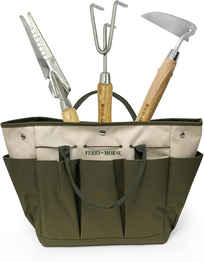 Ferry-Morse Premium All Hand Tools Set, 4Pcs Gardening Tools, Stainless-Steel Heavy-Duty Hand Cultivator, Hoes, & Weeder with Ash Wood Handle, 8 Pockets Gardening Tool Bag