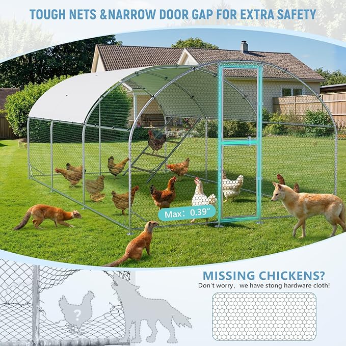 Large Chicken Coop,10x20x6.5FT Metal Chicken Run for Yard with Feeding Door, Round Top Walk-in Chicken Pen,Outdoor Poultry Cage with Anti-UV Cover,Rabbit Duck House