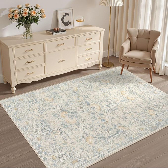 4x6 Area Rug Living Room Rugs - Washable Boho Vintage Floral Large Soft Non Slip Thin Rug Low Pile Carpet for Bedroom Dining Room Kids Playroom Office Decor Indoor- Light Blue