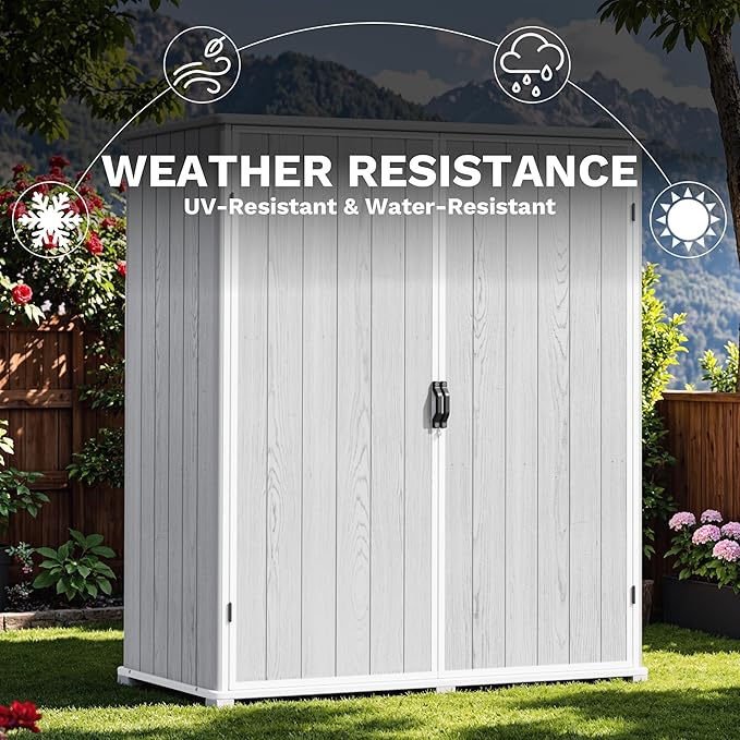 Devoko 5 x 3 Resin Outdoor Storage Shed with Floor - Waterproof Plastic Outdoor Tool Cabinet with Lockable Doors for Patio Furniture, Pool Accessories, Garden Tools (Light Gray)