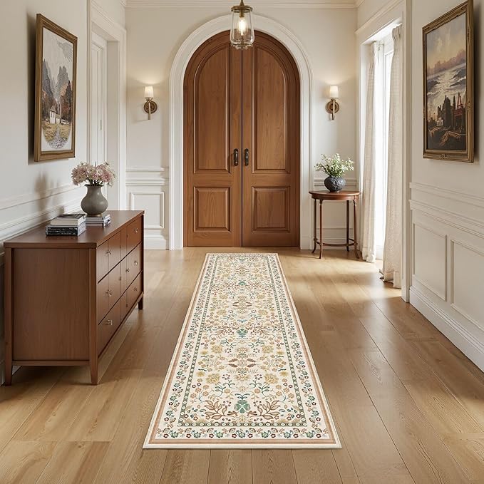 Runner Rug for Hallways Kitchen: 2x6 Washable Area Rug Boho Floral Soft Long Rug - Non-Slip Low Pile Throw Indoor Carpet for Entryway Kitchen Bedroom Laundry Bathroom - Brown