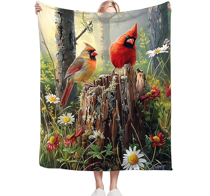 Cardinal Bird Blanket Cardinal in Forest Throw Blanket Bird Gifts and Decor Bird Blanket for Girls Women Kids Adults Soft Warm Cozy Fleece Blanket for Couch Sofa Bed 80"x60"