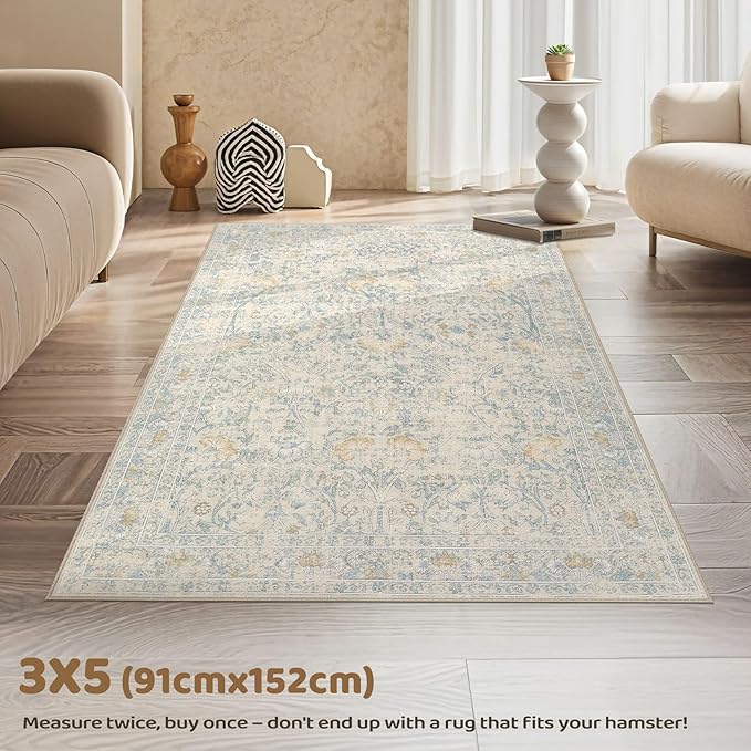 3x5 Area Rug Living Room Rugs - Washable Boho Vintage Floral Large Soft Non Slip Thin Rug Low Pile Carpet for Bedroom Dining Room Kids Playroom Office Decor Indoor- Light Blue