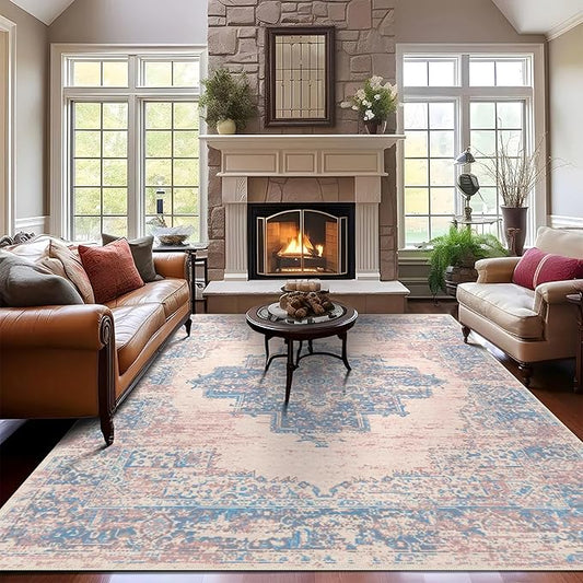 vivorug 9x12 Area Rugs for Living Room, Non Slip Machine Washable Vintage Pink Rug, Ultra-Thin Lightweight Large Area Rug for Bedroom, Dining Room, Low Pile Rug