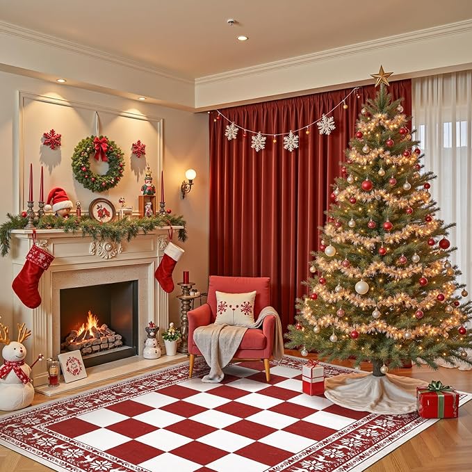 GarveeHome Red 8x10 Area Rugs for Living Room, Washable Rug for Christmas Decor, Indoor Non Slip Carpet, Checkered Soft Low Pile Christmas Rug for Bedroom, Dining Room