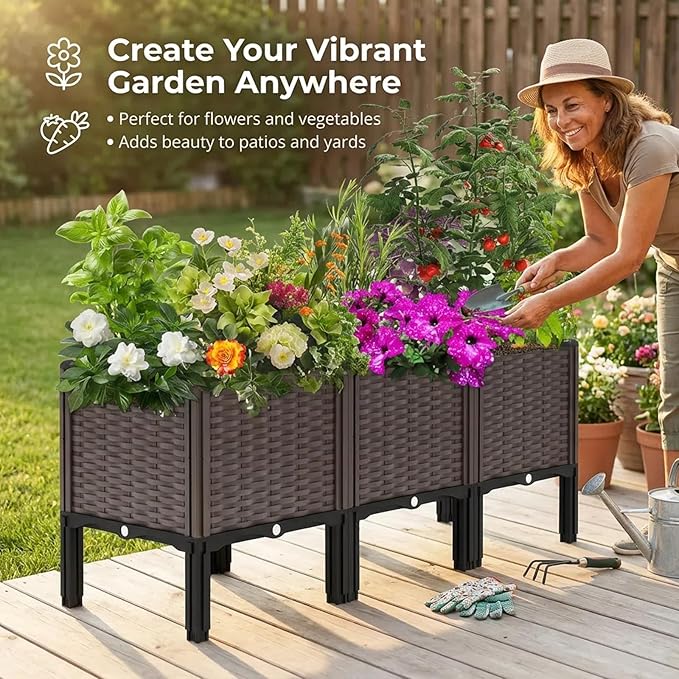 3 Sets Elevated Garden Bed with Legs,Outdoor Raised Planter Boxes for Herbs/Vegetables/Flowers, Patio Plant Containers with Drainage Holes, Heat & Frost Resistant Garden Boxes for Outdoor Gardening