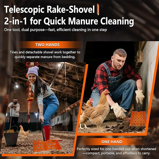 Chicken Poop Scooper & Rake 2-in-1 Telescopic Chicken Litter Scoop for Chicken Coops & Small Farm Animals Sand Sifting Litter Shovel (Orange)