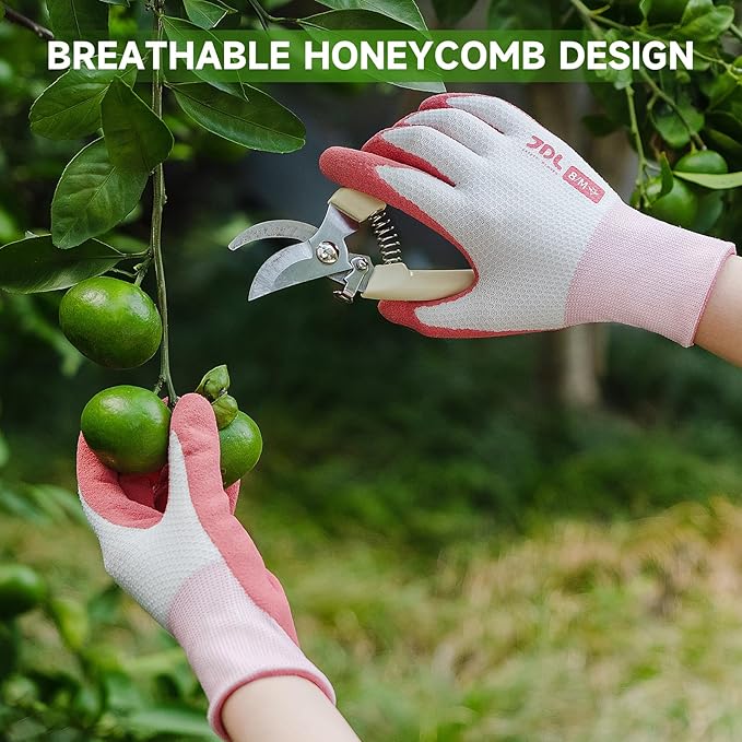 JDL Gardening Gloves for Women, 2 Pairs Breathable Latex Coated Yard Garden Gloves, Rubber Outdoor Protective Work Gloves with Grip, Pink, Large Size