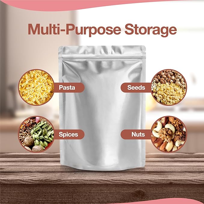 BELLE KR® 1 Quart Mylar Bags for Food Storage - Pack Of 100 - Extra Thick 10 Mil - 7"x10" Resealable Stand Up Mylar Ziplock Bags with Label Stickers