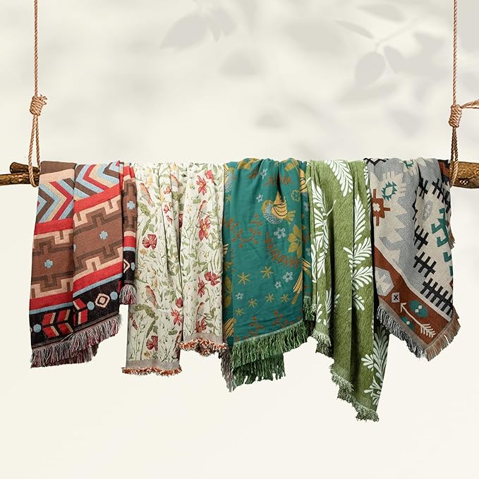 MACEVIA Boho Throw Blanket for Bed, Green Leaf Printed Blanket, Leaf Woven Boho Blankets and Throws with Tassel for Couch Sofa, All Season Cottagecore Decor Boho Blanket (Green Leaf 50"×70")