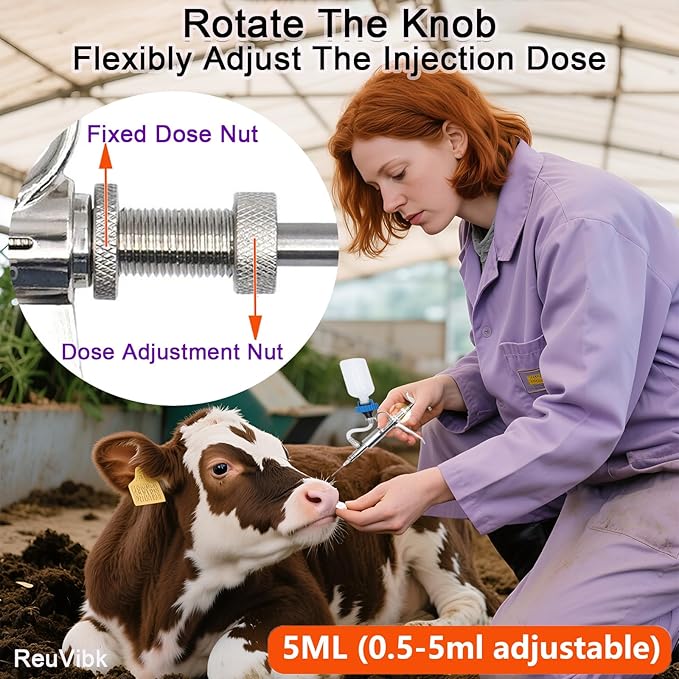 5ML Livestock Syringe Gun, Automatic Self Refill Injection Gun Continuous Adjustable Bottle Attachment Livestock Animal Syringe with 10 Needles, for Chicken, Duck, Pig, Sheep, Cow Poultry
