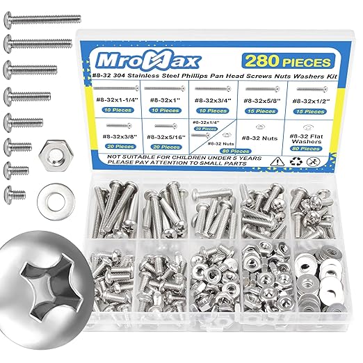 280Pcs #8-32 Phillips Pan Head Machine Screws Assortment Kit 304 Stainless Steel Assorted Nuts Bolts and Washers Fully Machine Thread(#8-32x1/4, 5/16", 3/8", 1/2", 5/8", 3/4", 1", 1-1/4")