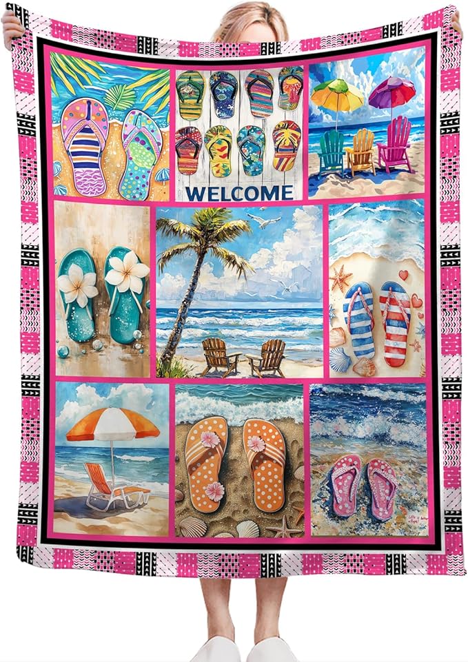 Coastal Blanket Ultra Soft Cozy Ocean Beach Palm Tree Throw Blanket Fleece Fuzzy Plush Bedding Blanket Beach Flip-Flops Decor Gifts for Women Girls Adults Couch Sofa 60"x50"