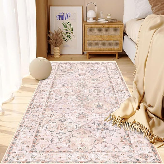 Boho Vintage Area Rugs 2×6 Washable Non-Slip Traditional Pink Runner Rug for Hallway Kitchen Entryway