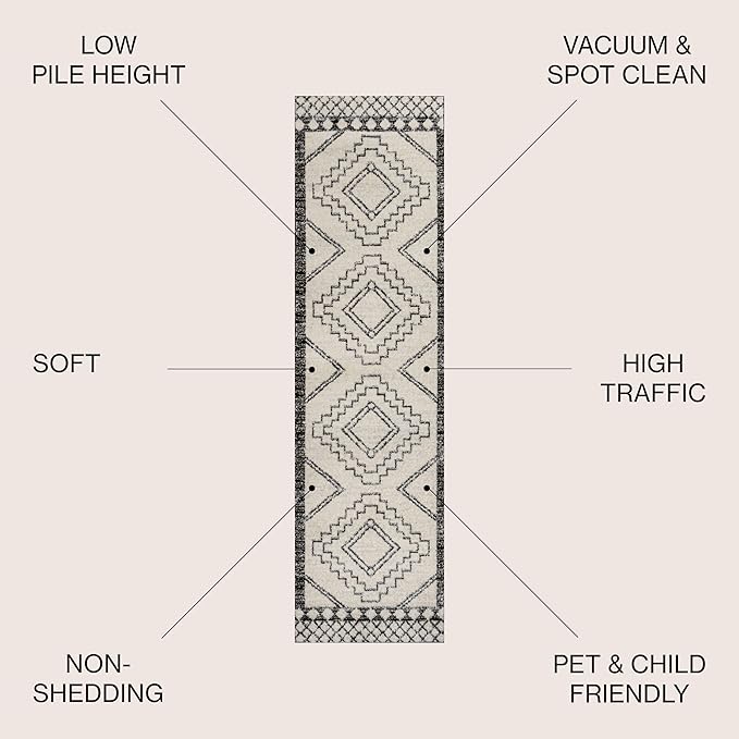 JONATHAN Y Amir Moroccan Beni Souk Cream/Black Runner Rug, 2x10, Bohemian, Scandinavian, Easy-Cleaning for Living Room, Bedroom, Kitchen, Pet Friendly, Non-Shedding (MOH200A-210)